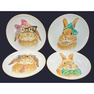 4 Pier 1 Dressed Up Bunnies Rabbits Salad Plates with Polka Dots & Plaid Bows 8"